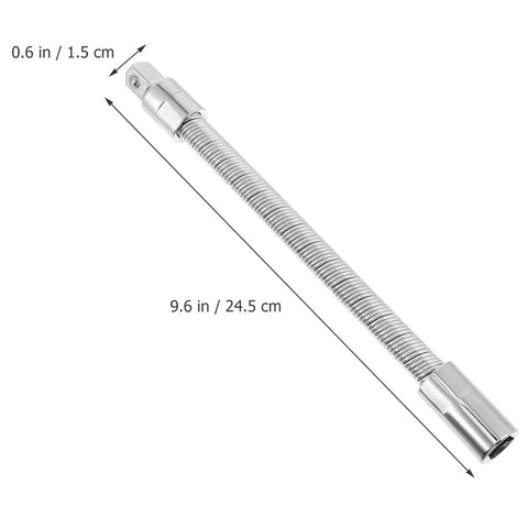 Flexible Socket Extension Bar Half Inch Ratchet Extension Rod With Springy Soft Shaft shown in 24.5 cm length, silver steel.