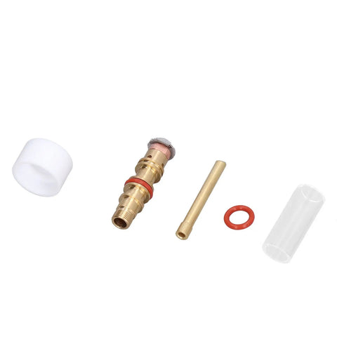 High Temp TIG Welding Torch Accessory Kit With Glass Cup Nozzle For 2 Point 4mm WP17 WP18 WP26 Argon Welder components including brass collet and O-ring.