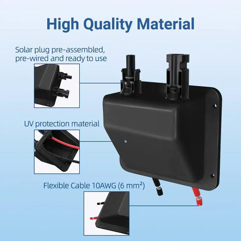 Solar Entry Gland With Dual Cable Entry Housing Prewired 1ft 10awg Solar Cable IP68 UV Resistant For RV Boat Camper Projects No Fuss Install With Built In Screw Grooves And Leak Proof Gland Design, black PC housing