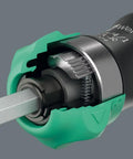Close-up of Compact Ratchet Screwdriver Set 25 RA R With Pouch, showcasing fine tooth handle ratchet mechanism.