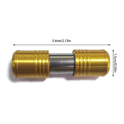 Socket sleeve adapter with brass hex ends and steel center, front view, double-ended extension rod, 5.4 cm long