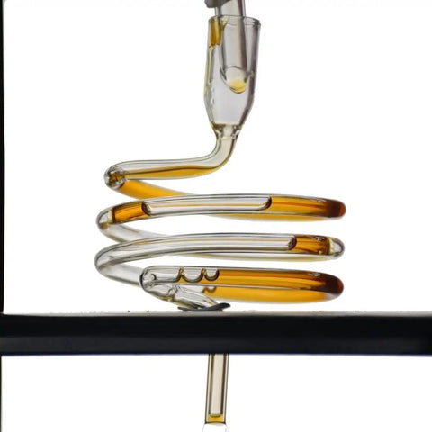Premium 1 Liter Cold Brew Coffee Machine Hand Blown Glass And Solid Wood Ice Drip Tower, showing inner spiral glass tube.