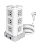Power Strip Tower With Sixteen In One Surge Protector Twelve AC Outlets And Four USB Ports Gray Finish with coiled cord