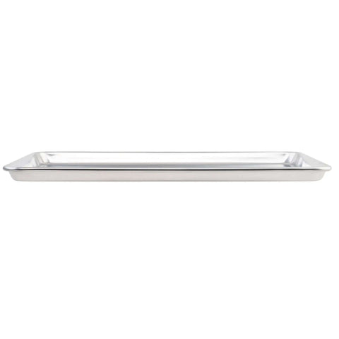 Side view of Commercial Grade Aluminum Sheet Pan With Large Flat Baking Surface Two Thirds Size 18 Gauge Reinforced Rim Closed Bead