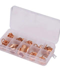 Massive Haul Of 200 Solid Copper Flat Washers Assorted Range From M5 Up To M14 Showing Off Superior Conductivity For Grounding Systems And Heat Dissipation Great For Mechanics And Car Guys Using Them On Shop Floors Inside a Storage Box, copper washers in organizer