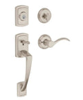 Nautica Front Entry Handleset With Interior Lever SmartKey Rekey Deadbolt Microban Protection Satin Nickel Finish Displayed