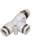 Heavy Duty Pneumatic Air Connector Fittings Kit With 24 Pieces To Match 1/8 1/4 3/8 And 1/2 Inch BSP Threads For Versatile Shop Tools And Compressor Hookups That Make Jobs A Breeze. white BSP pneumatic tee fitting with metal threaded port and push-to-connect ends