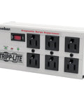 Isobar 6-Outlet Surge Protector Power Strip with 6ft Cord, right angle plug, heavy duty metal housing, 3300 Joules, front view