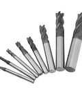 8 Piece Carbide End Mill Set 2 to 12 mm Tungsten Steel Milling Cutters High Speed Tool Kit displayed in a row.