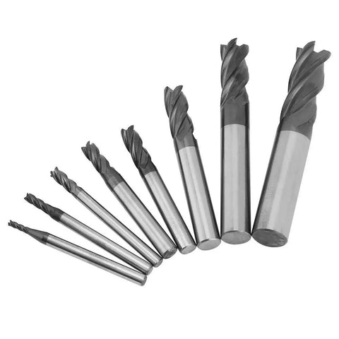 8 Piece Carbide End Mill Set 2 to 12 mm Tungsten Steel Milling Cutters High Speed Tool Kit displayed in a row.