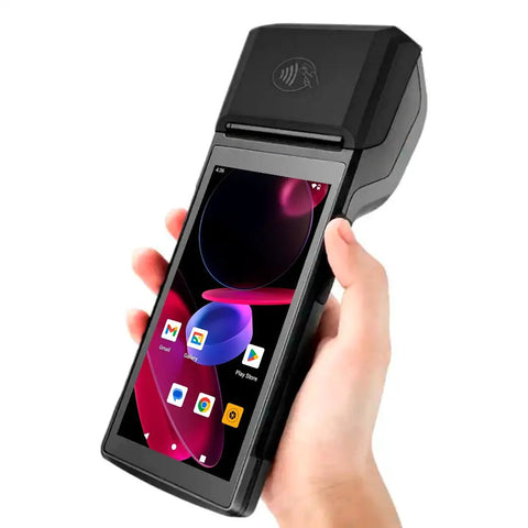 Android 14 Handheld POS With 58MM High Speed Thermal Printer And 5.5 Inch Touch Screen NFC Ready 4G, held in hand