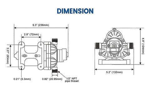 Dimensions of Automatic On Demand Diaphragm Pump 115V 4.0 GPM 45 PSI Workhorse for kitchen and bathroom RV boat marine yacht caravan garden
