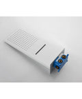 Wall Mounted Waterfall Shower System with Hand Shower, top view of white panel with blue components and water outlet.