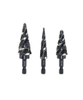 Rock Your DIY Projects With This 3 Piece Step Drill Bit Set Feat 1/4 Inch Hex Shank For High Speed Drilling In Wood And Plastic Plus No More Changing Bits Just Get It Done! three step bits with hex shanks, front view