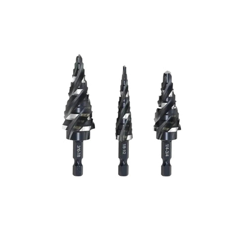 Rock Your DIY Projects With This 3 Piece Step Drill Bit Set Feat 1/4 Inch Hex Shank For High Speed Drilling In Wood And Plastic Plus No More Changing Bits Just Get It Done! three step bits with hex shanks, front view