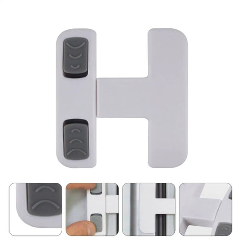 Kidproof Fridge Lock For Cabinets And Drawers Anti Pinch Plastic Strap Latch Self Adhesive Cabinet Lock shown in closed position