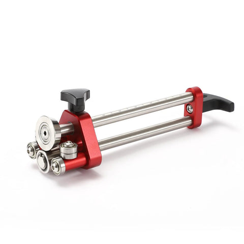 Sheet metal roller 1-station bender with red frame, dual silver rods, black knob, metal rollers