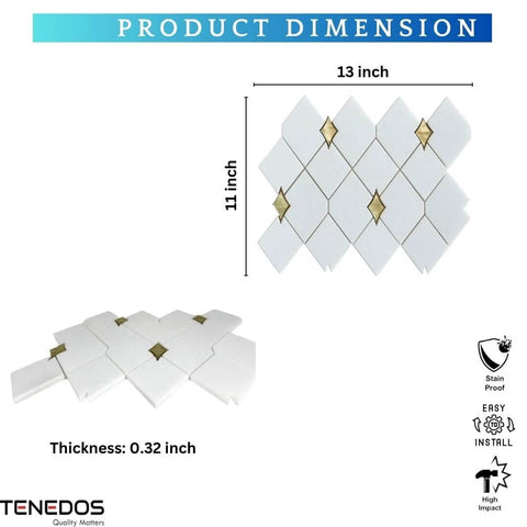 1 sheet Tenedos Thassos white marble and gold glass diamond mosaic tile, 3x3.5 in, polished waterjet-cut for wall and floor