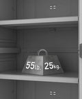 Close-up of Built Tough Resin Storage Cabinet with lockable doors showing shelf holding 55 lb weight, tall 72 inch unit.