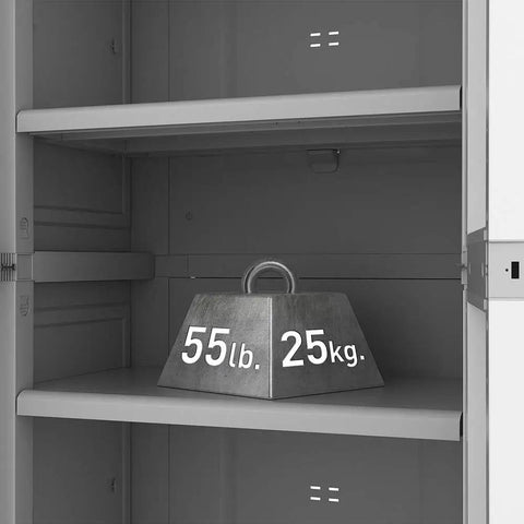 Close-up of Built Tough Resin Storage Cabinet with lockable doors showing shelf holding 55 lb weight, tall 72 inch unit.