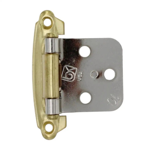 Self-Closing Cabinet Hinges, Chrome And Polished Brass Face Mount, Variable Overlay, 2 1/8 Inch Hole Centers, Polished Brass Finish