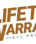 Lifetime warranty logo for all products in brown and grey text with large number 4.