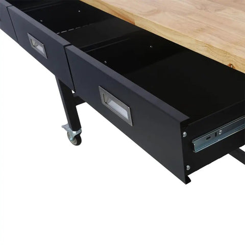 Heavy Duty Rubber Wood Top Workbench On Rolling Steel Frame With Drawers 60 Inch Garage Workshop Table detail