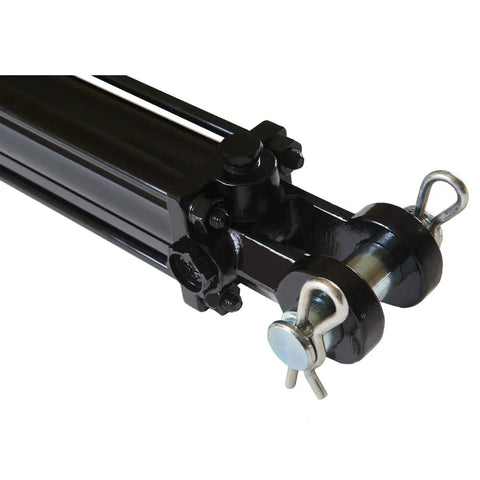 Close-up of Double Acting Tie Rod Hydraulic Cylinder For Agriculture, Heavy Duty 3 Inch Bore, 36 Inch Stroke, welded construction.