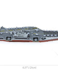 Side view of assembled Premium Series USS Midway Aircraft Carrier 3D Metal Model Kit, dimensions labeled, detailed design.