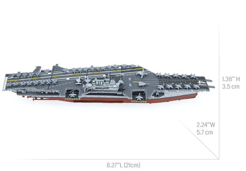 Side view of assembled Premium Series USS Midway Aircraft Carrier 3D Metal Model Kit, dimensions labeled, detailed design.