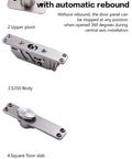 Built Damn Tough Heavy Duty 360 Degree Rotating Pivot Hinge For Invisible Doors With Rock Solid 500 Kilogram Capacity And Smooth 90 Degree Self Closing Floor Spring Mounting Kit components displayed with labeled parts.