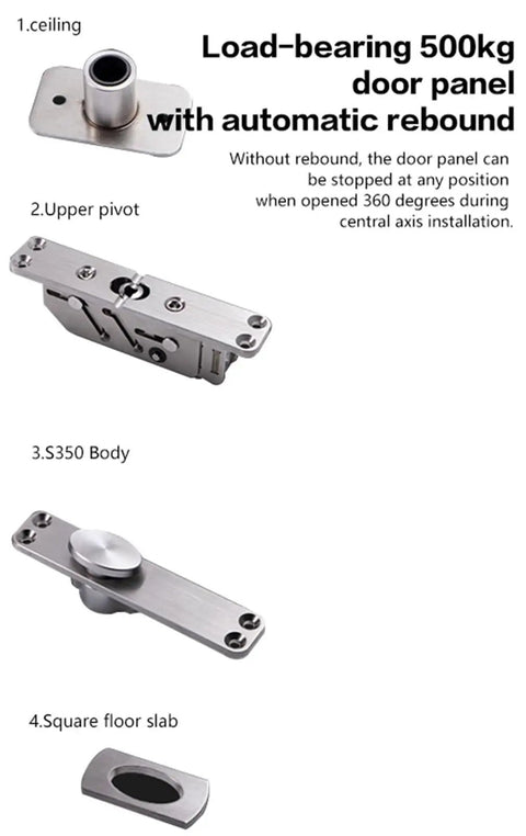 Built Damn Tough Heavy Duty 360 Degree Rotating Pivot Hinge For Invisible Doors With Rock Solid 500 Kilogram Capacity And Smooth 90 Degree Self Closing Floor Spring Mounting Kit components displayed with labeled parts.