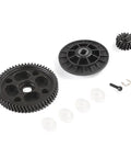 Beefed Up Heavy Duty Helical Gear Kit 57T 17T For 1 To 5 Scale RC Baja with metal gears and screws displayed on white background.