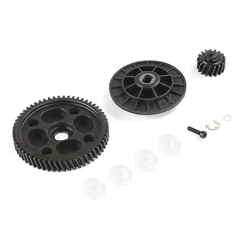 Beefed Up Heavy Duty Helical Gear Kit 57T 17T For 1 To 5 Scale RC Baja with metal gears and screws displayed on white background.