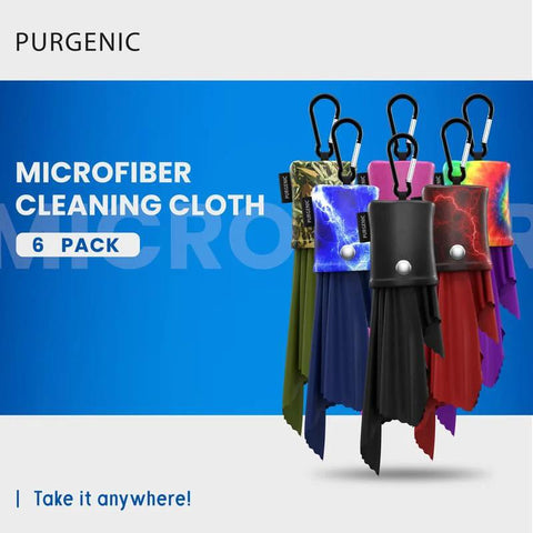 Purgenic microfiber cleaning cloths with carabiner clips, 6-pack, assorted colors front view