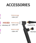 TIG Welding Torch WP17V Four Meter Welder Gun accessories, including ceramic cups, collet sizes, and back caps.