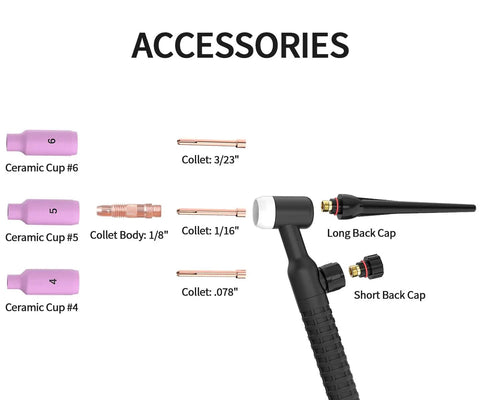 TIG Welding Torch WP17V Four Meter Welder Gun accessories, including ceramic cups, collet sizes, and back caps.