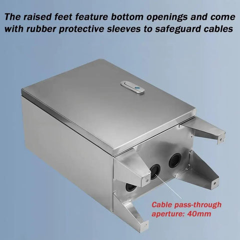Heavy Duty Ground Mounted Electrical Junction Box In 304 Stainless Steel With Sturdy Bracket Weatherproof Outdoor Utility Chest Pre Drilled Ground Anchoring Legs For Easy Mounting And Flexible Spatial Layout, 40mm cable pass-through