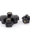Slick Star Head Clamping Knob Handles With Rock Solid M5 Female Thread Perfect For Precision Machinery Tweaks And Heavy Duty Garage Builds Includes Five Black Knobs Offering Snug Fit And Easy Grip, showing five black knobs with M5 threads.