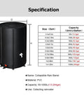 Black collapsible rain barrel with specifications chart, Super Portable Foldable Rain Barrel For Easy Rainwater Collection 132 Gallons