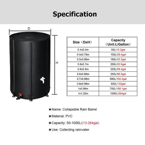 Black collapsible rain barrel with specifications chart, Super Portable Foldable Rain Barrel For Easy Rainwater Collection 132 Gallons