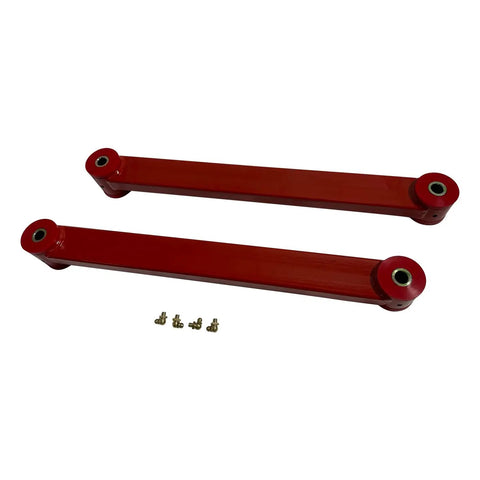 4-Piece Rear Upper And Lower Control Arm Kit With Adjustable Track Bar For 2005-2010 Ford Mustang 2-Door, Heavy-Duty HD Steel Suspension Upgrade For Improved Handling And Ride Quality, red steel arms with bushings and hardware