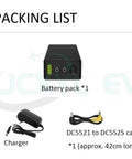 Built Tough For The Long Haul 24V Rechargeable Lithium Backup Battery Pack With Water Resistant Shell For EV And Tools 4000 Mah To 6400 Mah Capacity Zero Hassle Swap battery pack, charger, DC5521 to DC5525 cable shown in packing list.
