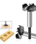 Two hinge-boring drill bits for wood; high-carbon steel; round shanks; 8–25 mm range.