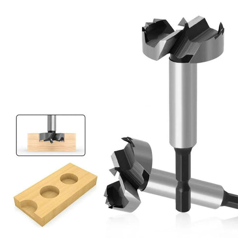 Two hinge-boring drill bits for wood; high-carbon steel; round shanks; 8–25 mm range.