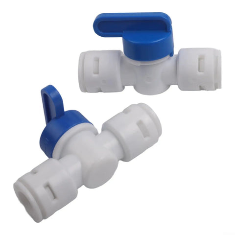 5 Piece 3/8 Inch Quick Connect Shut Off Ball Valve Push Fit Polypropylene Connector For Water Filter Lines, two valves with blue handles.