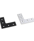 4 Pack L Shaped 90 Degree Corner Connector Plates For Aluminum Profiles, Five Hole Mount, shown in black and silver finish
