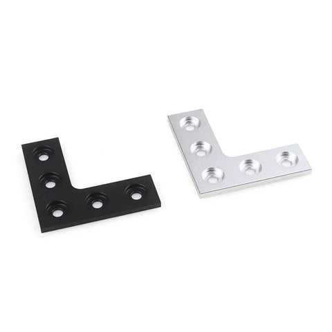 4 Pack L Shaped 90 Degree Corner Connector Plates For Aluminum Profiles, Five Hole Mount, shown in black and silver finish