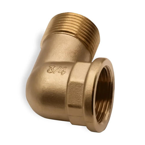 Brass 90-degree elbow adapter, side view, 3/4 in male to 3/4 in female, threaded fitting.