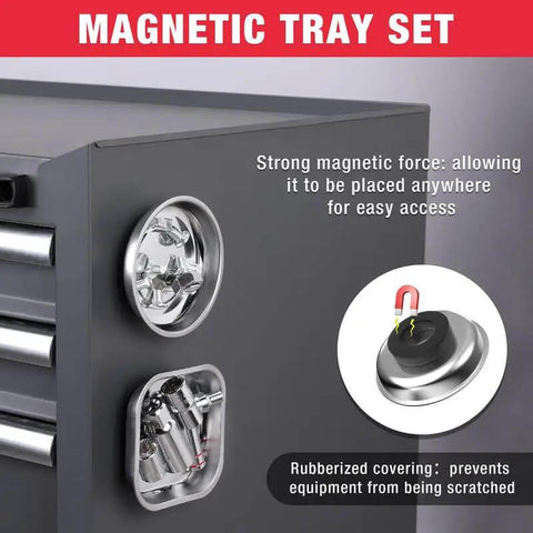 5-Piece Non-Slip Tool Tray Set With Silicone Tool Mats And Magnetic Parts Trays on metal surface showcasing strong magnetic force.